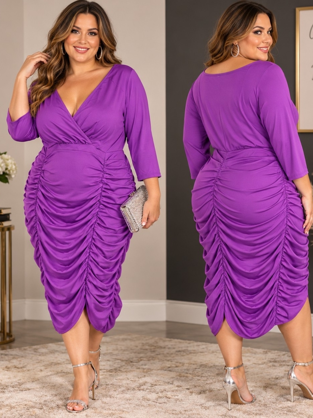 Purple Ruched Wrap Midi Dress XXL Partycore Cocktail Glam Date Night
